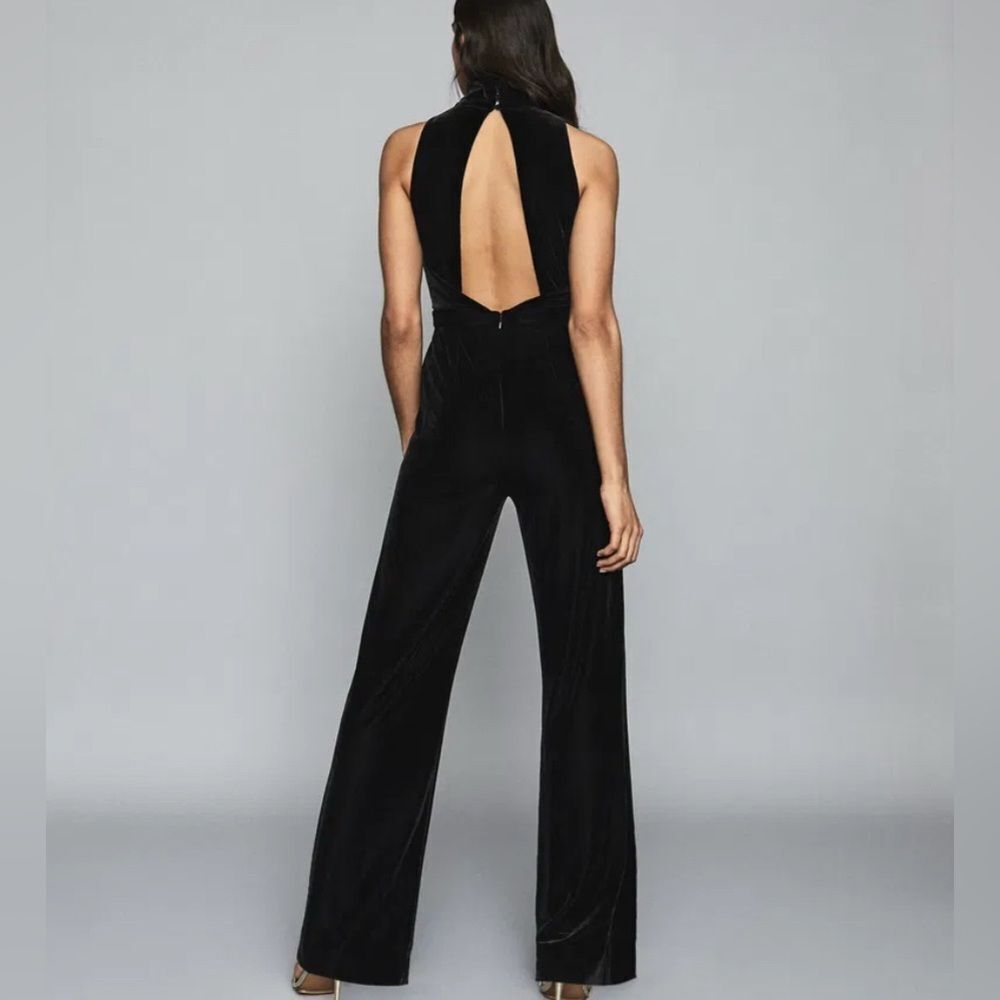 REISS women’s dori velvet jumpsuit 2 open back high neck quiet luxury black - Picture 4 of 14